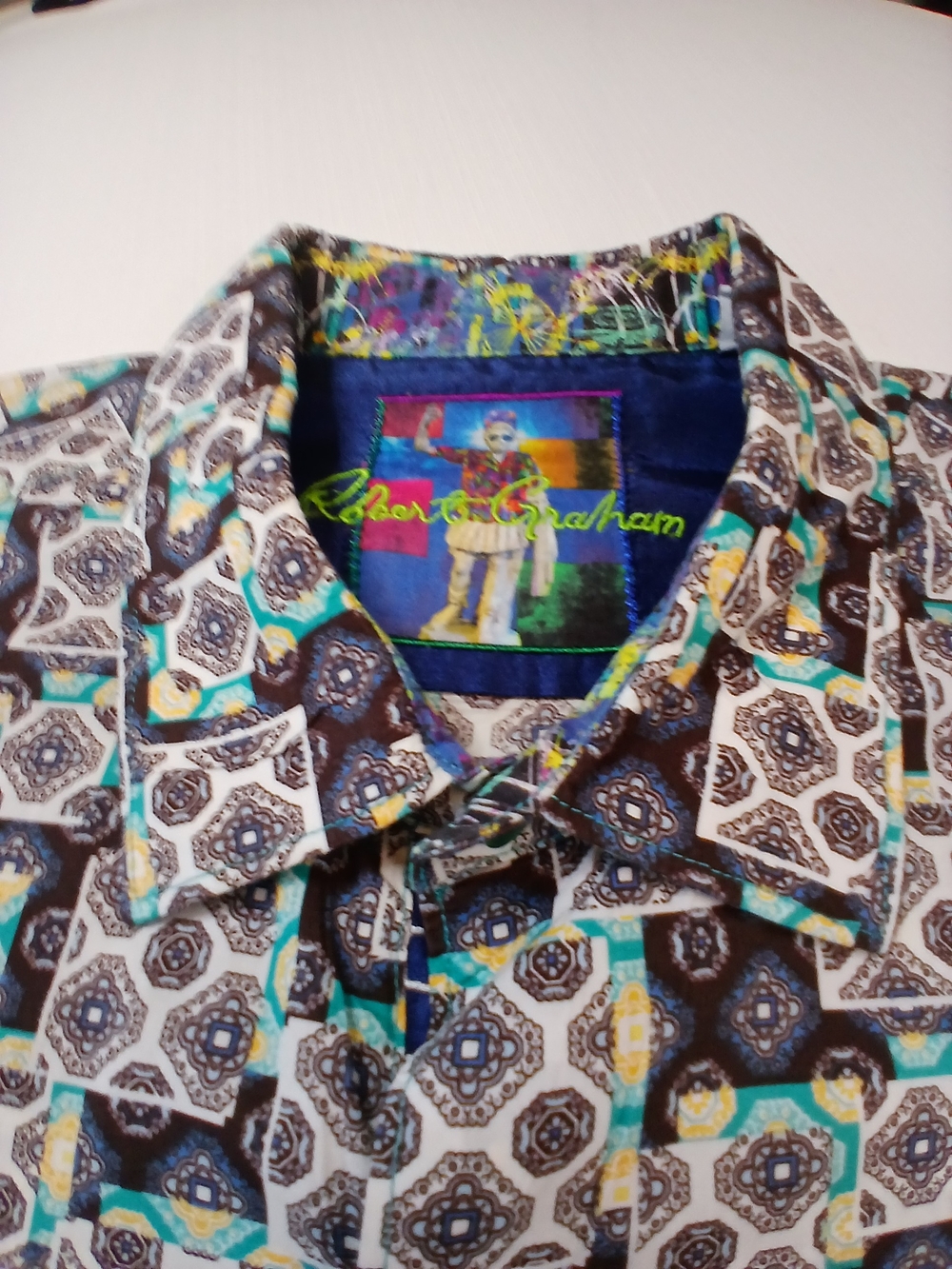 Robert Graham Black, White & Teal Geometric Mosaic Tile Print Button-Down Shirt - Picture 3 of 7